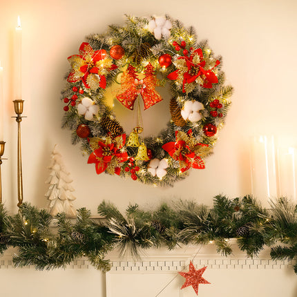 Pre-Lit Christmas Wreath with Warm White LED Lights, Bells & Ornaments – Battery Operated with Timer – Indoor/Outdoor Holiday Decor (16", 20", 24")