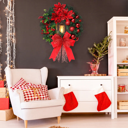 Red Christmas Wreath 16" with LED Lantern – Festive Holiday Decoration for Indoors