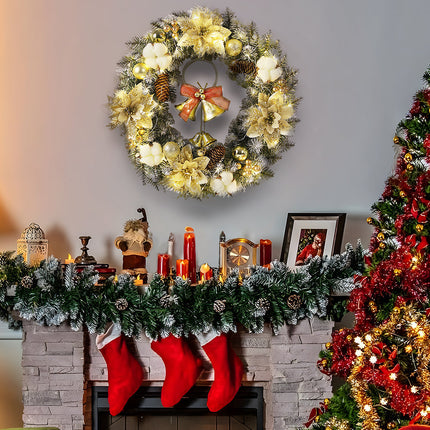Pre-Lit Christmas Wreath with Warm White LED Lights, Bells & Ornaments – Battery Operated with Timer – Indoor/Outdoor Holiday Decor (16", 20", 24")