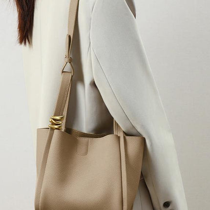 Genuine Leather Bucket Tote Bag for Women – Spacious Modern Handbag with Removable Inner Pouch & Gold Accents