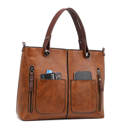 Women’s Shopper Tote Bag – Large Vegan Leather Handbag with Front Pockets & Shoulder Strap