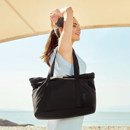 Black Tote Bag with Yoga Mat Holder – Water-Resistant & Laptop Compartment – Perfect for Gym, Work, or Beach