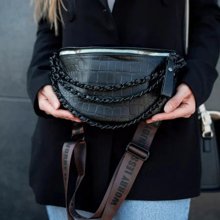 Black Braided PU Leather Crossbody Waist Bag – Adjustable Strap, Urban Style Fanny Pack for Women