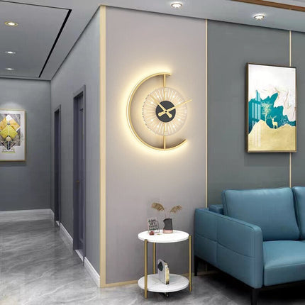 Elegant Half-Moon LED Wall Clock 15.7" Diameter – Modern Black & Gold Décor with Backlit Display