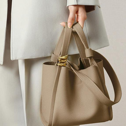 Genuine Leather Bucket Tote Bag for Women – Spacious Modern Handbag with Removable Inner Pouch & Gold Accents