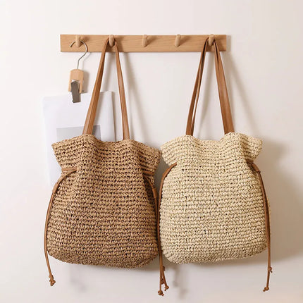 Women's Straw Beach Tote Bag – Large Woven Handbag with Leather Handles for Summer