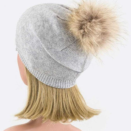 Luxury Wool-Cashmere Beanie with Detachable Raccoon Fur Pom Pom – Snap-On Winter Hat for Women