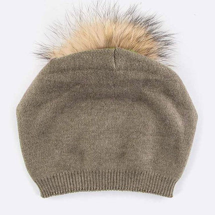 Luxury Wool-Cashmere Beanie with Detachable Raccoon Fur Pom Pom – Snap-On Winter Hat for Women