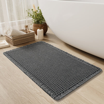 AbsorbEase Ultra-Absorbent Waffle Bath Mat – Soft, Non-Slip Bathroom Rug with Fringe Design