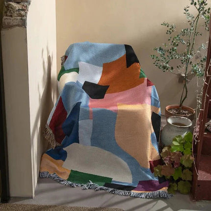 Modern Abstract Woven Wall Tapestry Throw Blanket – 100% Cotton, 59" x 79", Machine Washable, Multi-Color Geometric Design