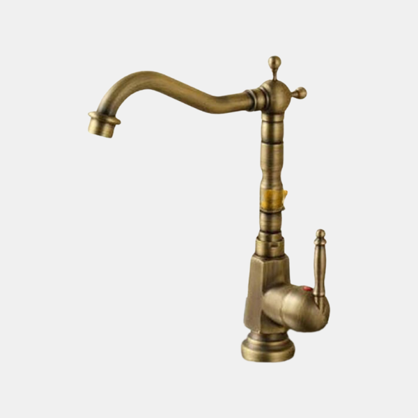 Antique Brass Kitchen Faucet with Swanneck Spout – 360° Rotatable, Single Handle Vintage Sink Tap