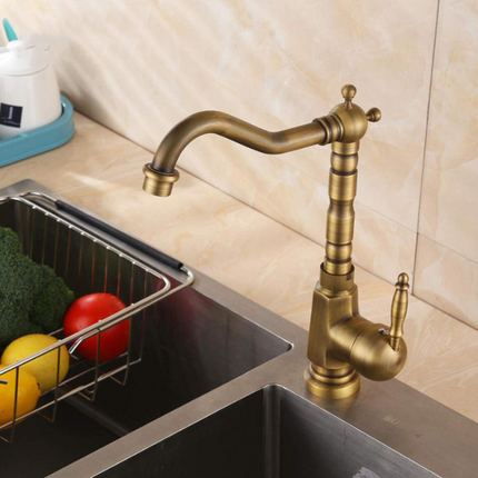 Antique Brass Kitchen Faucet with Swanneck Spout – 360° Rotatable, Single Handle Vintage Sink Tap