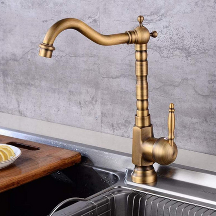 Antique Brass Kitchen Faucet with Swanneck Spout – 360° Rotatable, Single Handle Vintage Sink Tap
