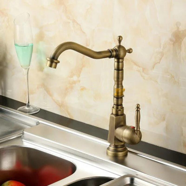 Antique Brass Swan Neck Kitchen Faucet – 360° Swivel Spout, Single Handle Mixer