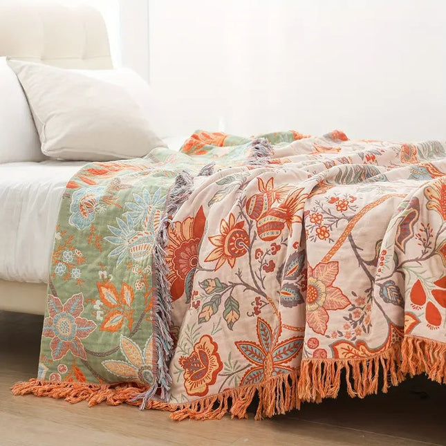 Boho Floral Throw Blanket 59" x 79" – Soft Cream Blanket with Orange & Blue Flowers – Cozy Accent for Couch, Bed & Outdoors