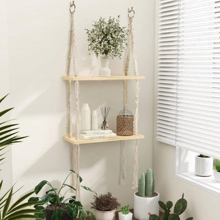 Handmade Double Wood Wall Shelf – Boho Chic Hanging Decor & Stylish Storage 15.7" x 5.5" x 37"