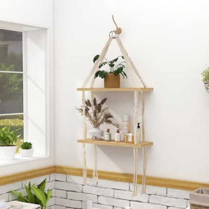 Handmade Double Wood Wall Shelf – Boho Chic Hanging Decor & Stylish Storage 15.7" x 5.5" x 37"
