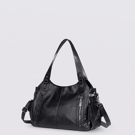 Black Leather Shoulder Bag with Side Pockets – Spacious & Elegant Women’s Leather Handbag