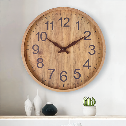 Silent Wooden Wall Clock 12" – Large Numbers, Rustic Modern Design for Home Décor