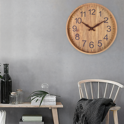 Silent Wooden Wall Clock 12" – Large Numbers, Rustic Modern Design for Home Décor