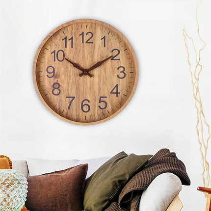 Silent Wooden Wall Clock 12" – Large Numbers, Rustic Modern Design for Home Décor