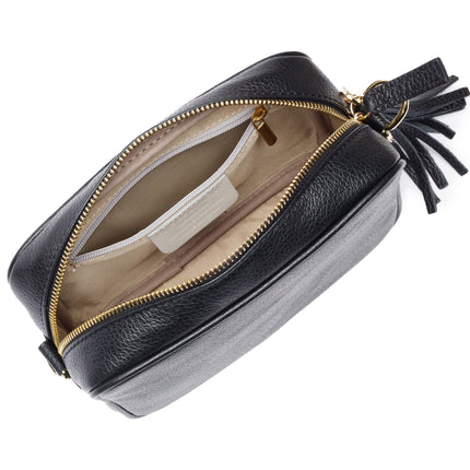 Women’s Black Crossbody Bag with Orange Striped Strap – Stylish Faux Leather Shoulder Bag with Adjustable Strap & Tassel Accent