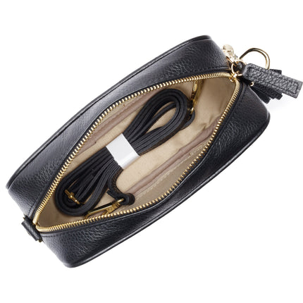 Women’s Black Crossbody Bag with Orange Striped Strap – Stylish Faux Leather Shoulder Bag with Adjustable Strap & Tassel Accent