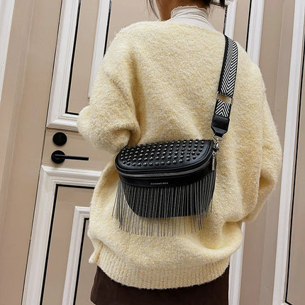 Trendy Fringe Crossbody Bag – PU Leather Shoulder Bag with Zipper & Adjustable Strap