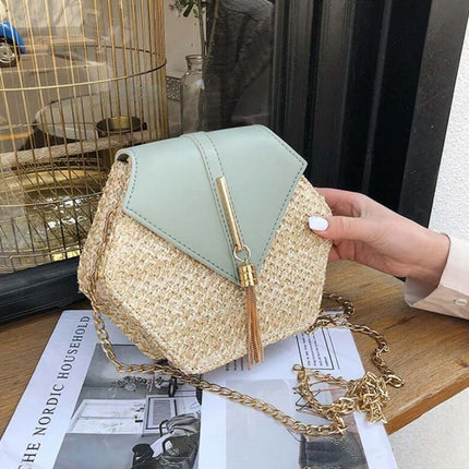 Women's Straw Shoulder Bag with Leather Accents – Lightweight & Elegant Summer Handbag
