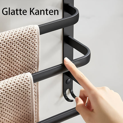 3-Tier Black Wall Towel Rack – No-Drill Bathroom Organizer & Space-Saving Storage Shelf