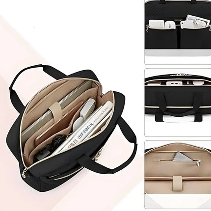 Stylish 17-Inch Black Laptop Bag for Women – Quilted, Water-Resistant, with Gold Accents & USB Port