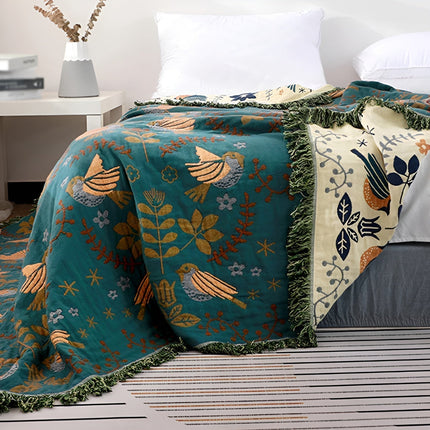 Reversible Cotton Blanket with Birds & Floral Design – Green Throw 59" x 79" / 79" x 91"