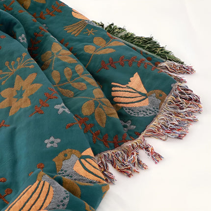 Reversible Cotton Blanket with Birds & Floral Design – Green Throw 59" x 79" / 79" x 91"