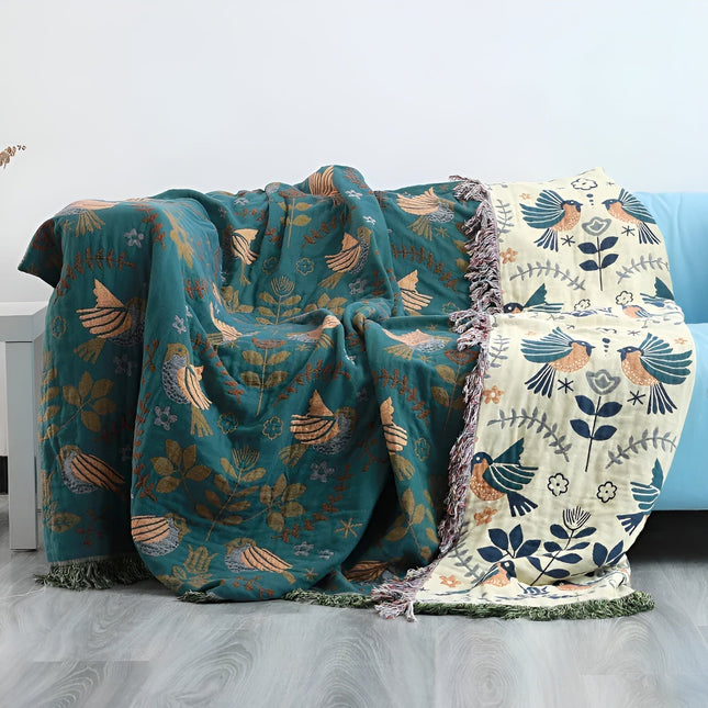 Reversible Cotton Blanket with Birds & Floral Design – Green Throw 59" x 79" / 79" x 91"