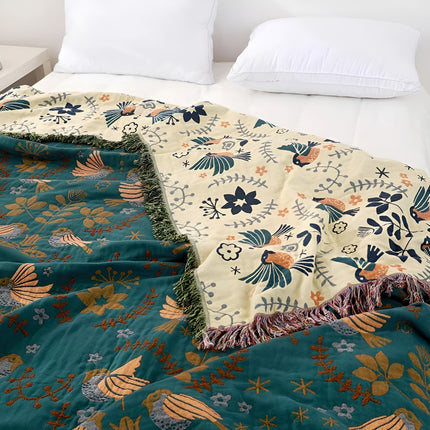 Reversible Cotton Blanket with Birds & Floral Design – Green Throw 59" x 79" / 79" x 91"