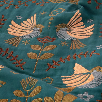 Reversible Cotton Blanket with Birds & Floral Design – Green Throw 59" x 79" / 79" x 91"