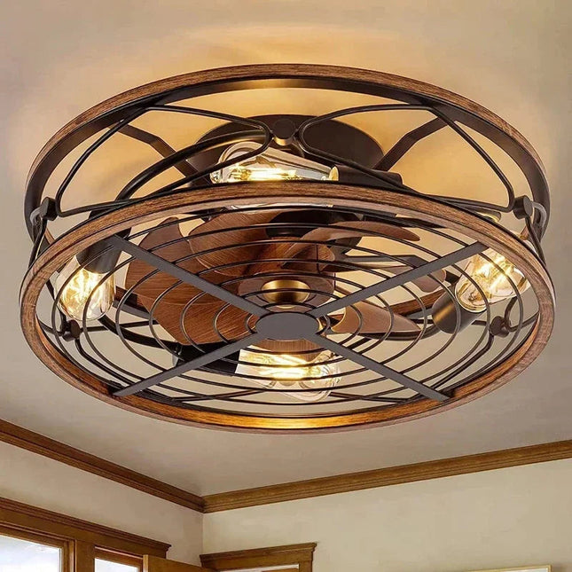 Industrial Ceiling Fan with LED Light – Retro Vintage Metal Design with Remote Control, 6.7" Low Profile