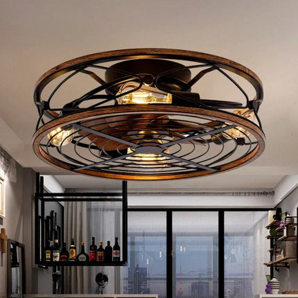 Industrial Ceiling Fan with LED Light – Retro Vintage Metal Design with Remote Control, 6.7" Low Profile