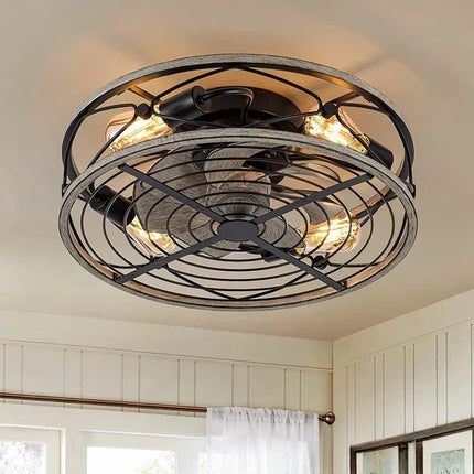 Industrial Ceiling Fan with LED Light – Retro Vintage Metal Design with Remote Control, 6.7" Low Profile