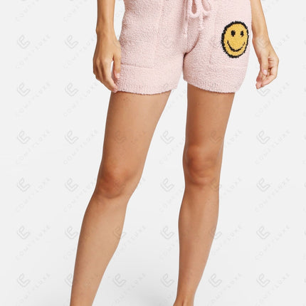 Smiley Print Women’s Lounge Shorts – Cozy Drawstring Loungewear with Pockets