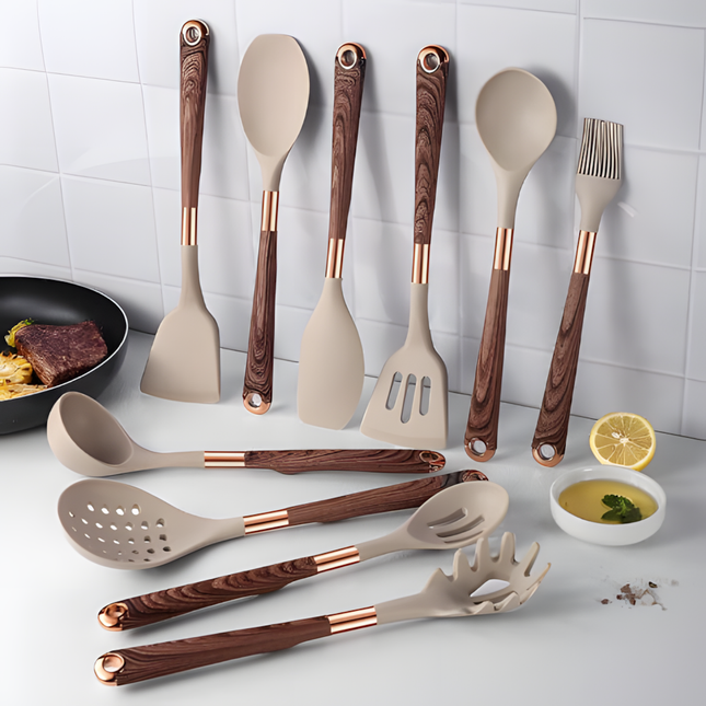 Premium 10-Piece Silicone Kitchen Utensil Set with Space-Saving Holder – Heat-Resistant, Non-Scratch, Dishwasher-Safe