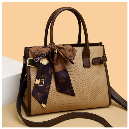 Chic Beige Handbag with Scarf Detail – Luxury Snake Texture