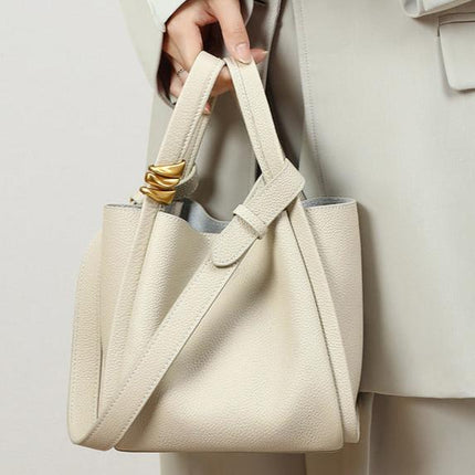 Genuine Leather Bucket Tote Bag for Women – Spacious Modern Handbag with Removable Inner Pouch & Gold Accents