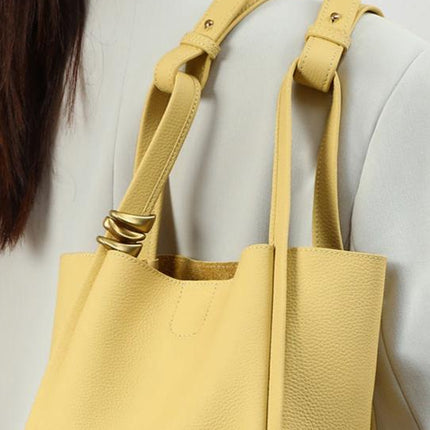 Genuine Leather Bucket Tote Bag for Women – Spacious Modern Handbag with Removable Inner Pouch & Gold Accents
