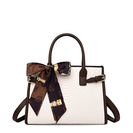 Chic Beige Handbag with Scarf Detail – Luxury Snake Texture