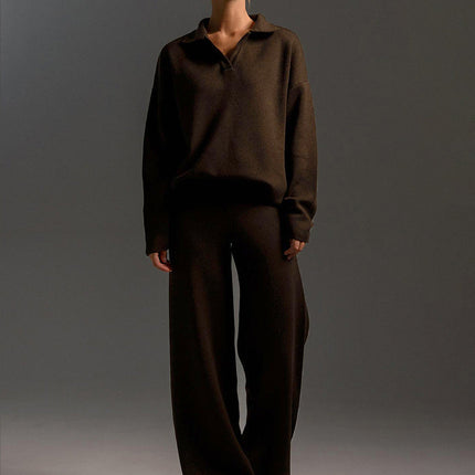 Women's Knitted Loungewear Set – Oversized Collared Sweater & Wide-Leg Elastic Waist Pants – Cozy Two-Piece Lounge Set