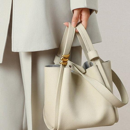 Genuine Leather Bucket Tote Bag for Women – Spacious Modern Handbag with Removable Inner Pouch & Gold Accents