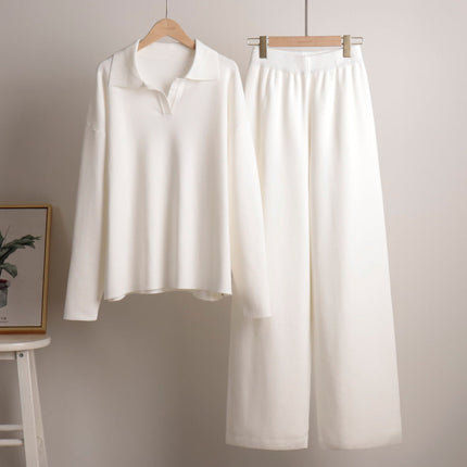 Women's Knitted Loungewear Set – Oversized Collared Sweater & Wide-Leg Elastic Waist Pants – Cozy Two-Piece Lounge Set