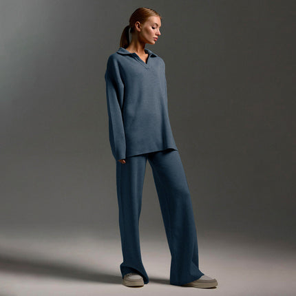 Women's Knitted Loungewear Set – Oversized Collared Sweater & Wide-Leg Elastic Waist Pants – Cozy Two-Piece Lounge Set