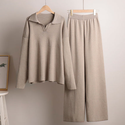 Women's Knitted Loungewear Set – Oversized Collared Sweater & Wide-Leg Elastic Waist Pants – Cozy Two-Piece Lounge Set